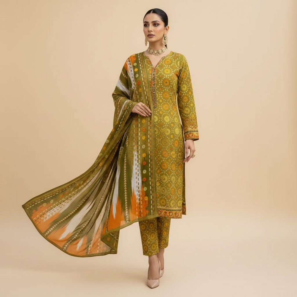 Olive Green Bandhani 3-Piece Suit - Walking Pose