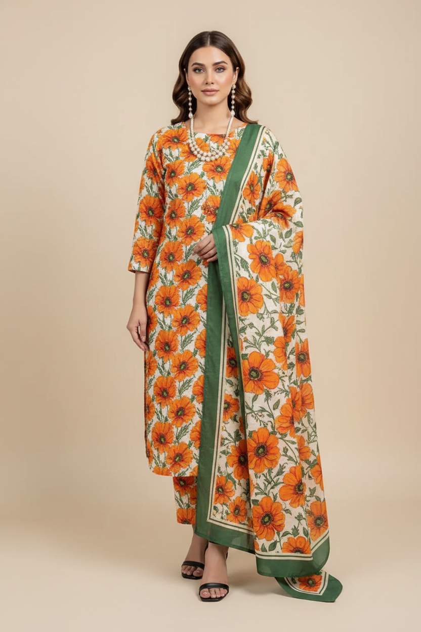 Orange Blossom Floral Lawn Suit - Front Pose