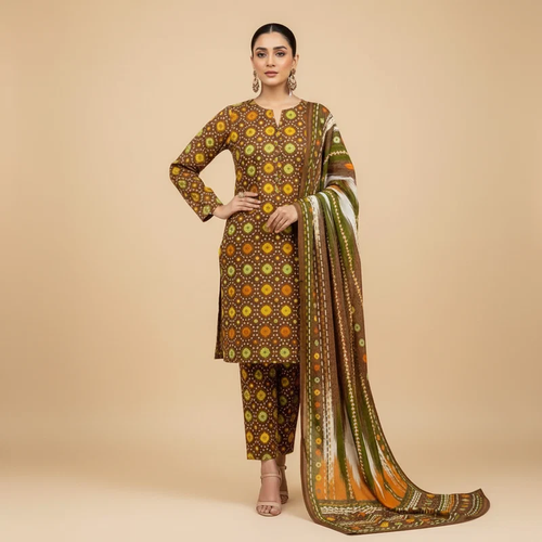 Brown Geometric Bandhani 3-Piece Suit - Original