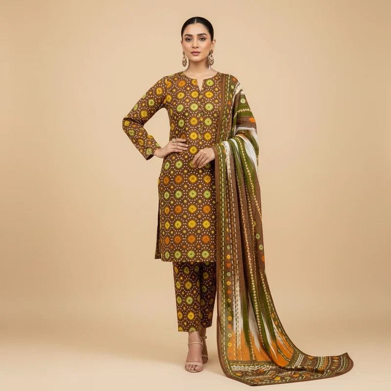 Brown Geometric Bandhani 3-Piece Suit - Original