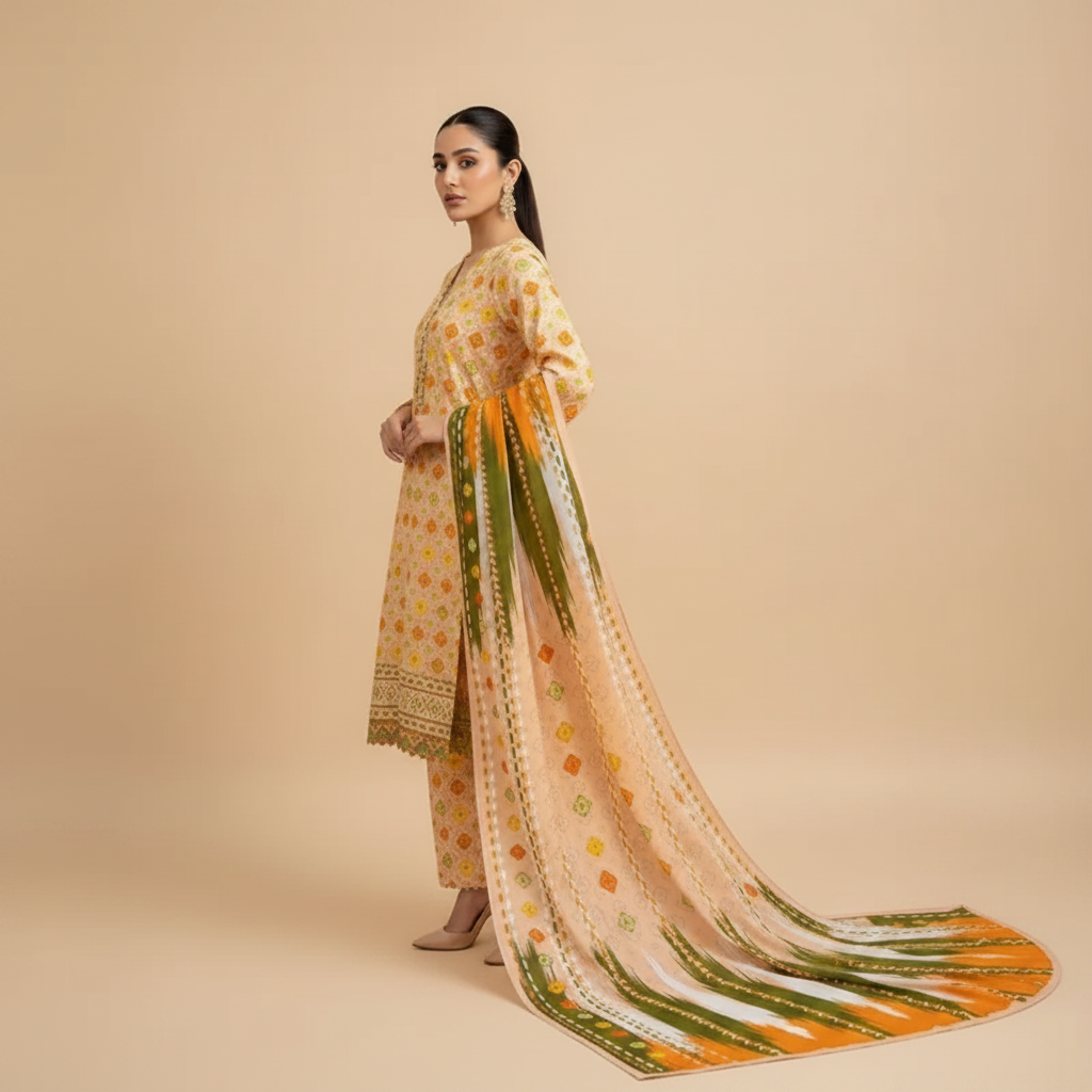 Peach Geometric Lawn 3-Piece Suit – Swiss Lawn