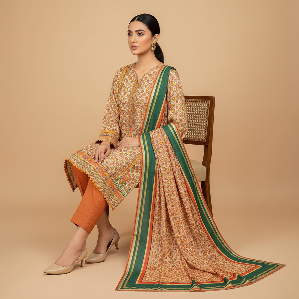 Peach Geometric Lawn 3-Piece Suit – Swiss Lawn