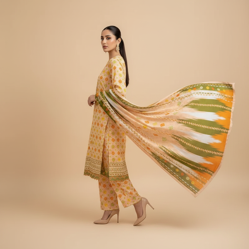 Peach Geometric Lawn 3-Piece Suit – Swiss Lawn